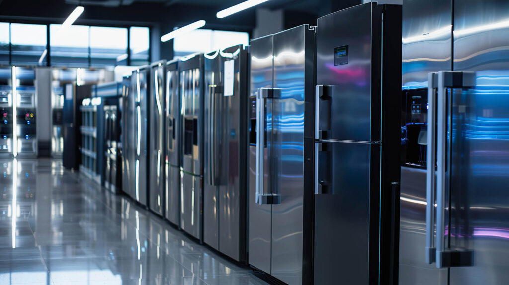 Sleek new refrigerators lined up in a modern electronics store